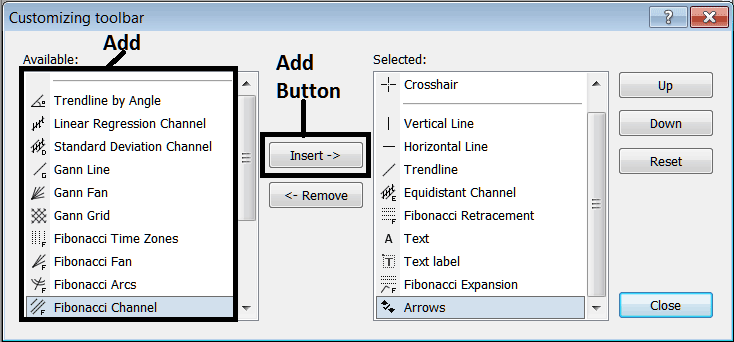 Add Line Tools to the Line Studies Toolbar in MT4 - MT4 BTCUSD Line Studies Toolbar Menu PDF