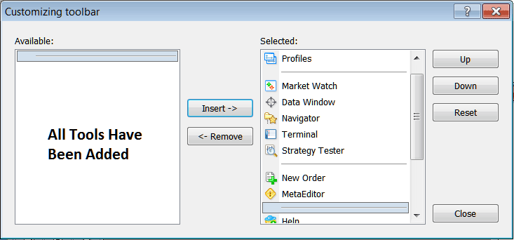 How to Customize and Add Tools on Standard MT4 Toolbar - BTCUSD Platform MT4 BTCUSD Trading Platform Setup