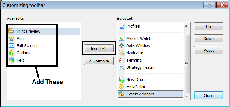 Customize and Add Buttons on Standard MetaTrader 4 Toolbar - BTC Platform MT4 BTC Trading Software Setup