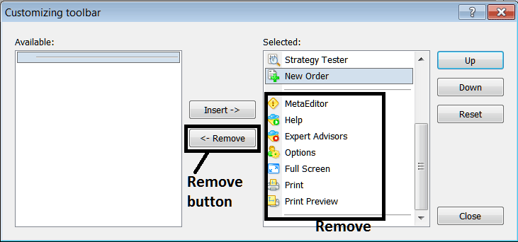 Remove Toolbar Buttons from the Standard Toolbar on MetaTrader 4 - BTC Platform MT4 BTC Trading Software Setup