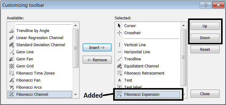 How Do I Add Fibonacci Expansion Levels Indicator on Line Studies Toolbar? - MetaTrader 4 Bitcoin Charts Toolbars