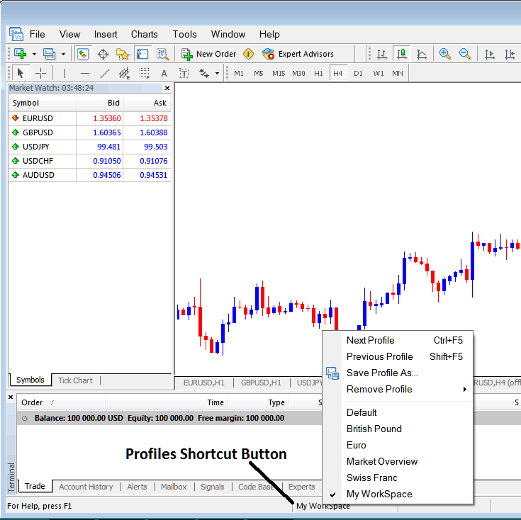Profile Short Cut Button on MetaTrader 4 - MT4 BTC Trading Software Work Space - How to Save a Profile in MetaTrader 4