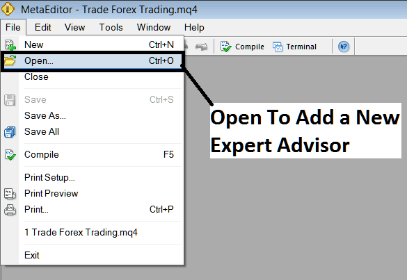 Open and Add a New Downloaded Expert Advisor to MetaTrader 4 - MT4 BTC/USD Trading Platform MetaEditor - How Do I Add Bitcoin Trading EAs in MT4?