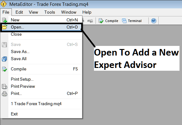 Open and Add a New Downloaded Expert Advisor to MT4 - MT4 Bitcoin Trading Platform Meta Editor