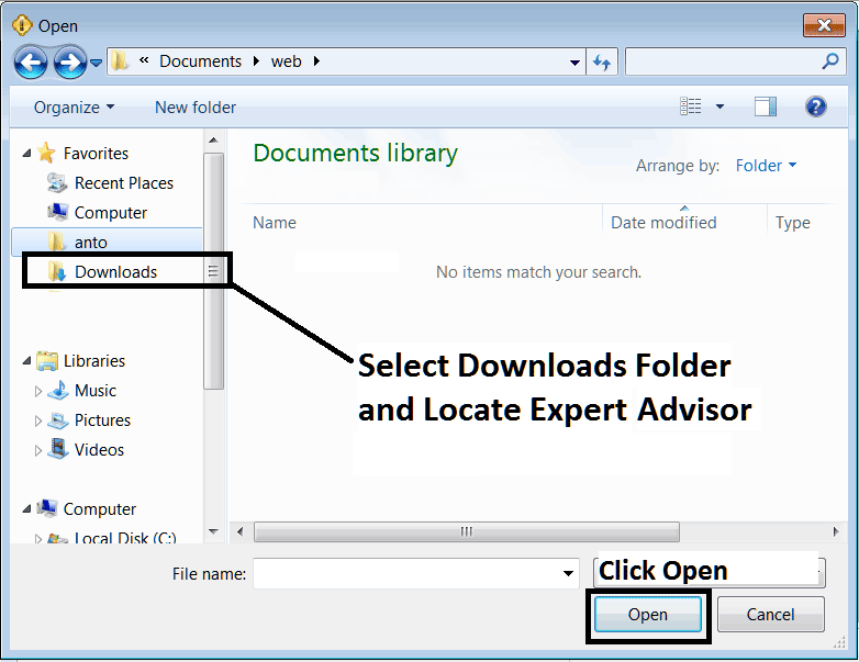 Locate Downloaded Expert Advisor on Computer and Install it on MetaTrader 4 - MetaTrader 4 Crypto Trading Software MetaEditor - How Do I Add BTCUSD Crypto Trading EAs in MetaTrader 4?