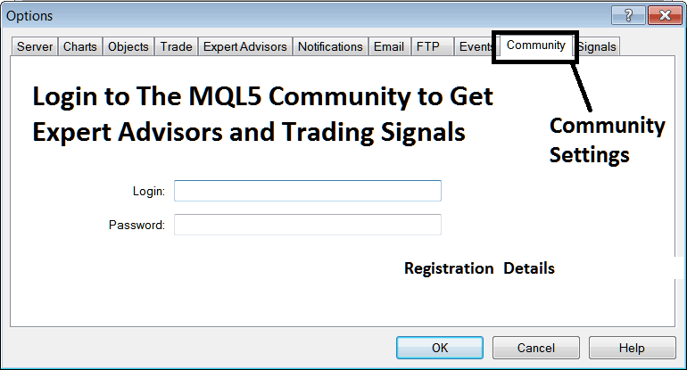 MQL5 Community Login from the MetaTrader 4 Crypto Trading Platform - MT4 BTCUSD Charts Options Settings on Tools Menu - MT4 Crypto Chart Options Setting in MT4 Tools Menu