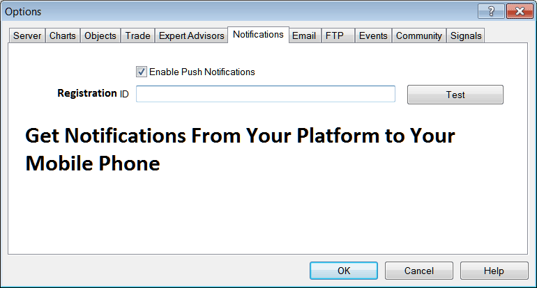 Notifications Settings for Mobile Phone on MetaTrader 4 - MT4 BTC Chart Options Settings in MT4 Tools Menu