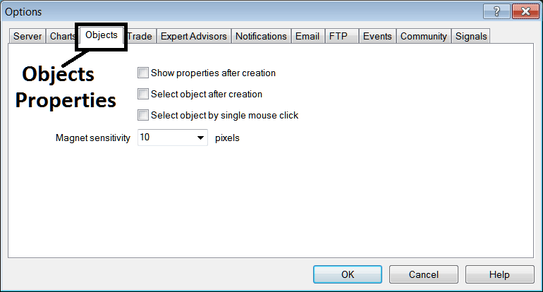 Object Properties Editing Option on MetaTrader 4 - MetaTrader 4 Crypto Chart Options Setting on MetaTrader 4 Tools Menu