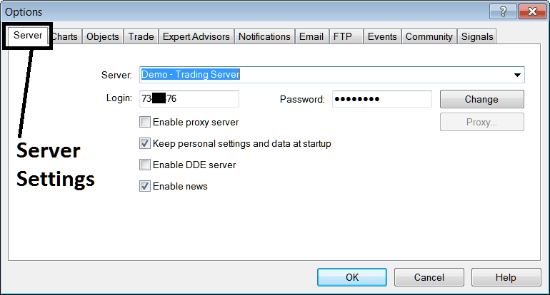 Server Settings Option in MetaTrader 4 - MetaTrader 4 BTC Charts Options Setting on Tools Menu - MT4 BTCUSD Crypto Chart Options Settings in MT4 Tools Menu