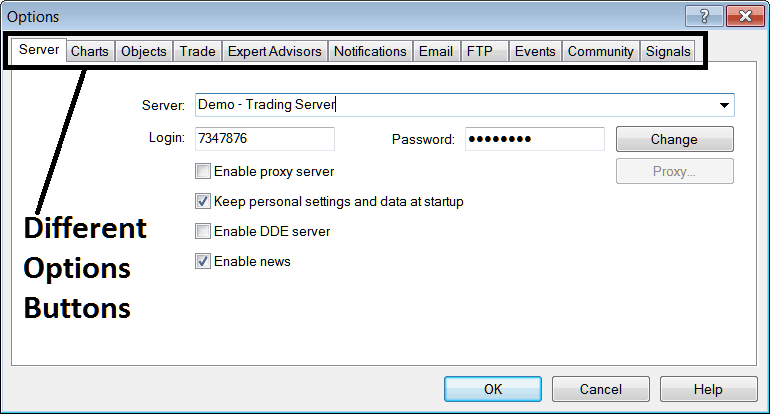 MT4 Options Settings Window for Various MT4 Trader Setting - MT4 BTCUSD Chart Options Setting in MT4 Tools Menu