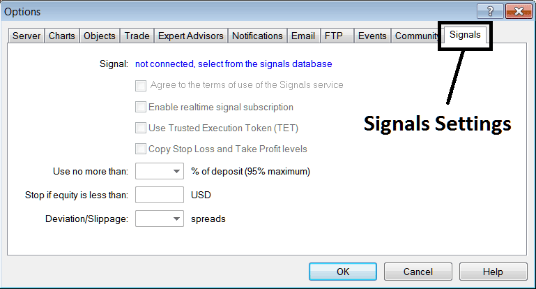 Signal Setting - MT4 BTCUSD Charts Options Settings in Tools Menu - How to Use Bitcoin Signal to Trade