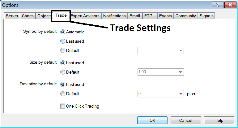 Trade Setting Option in MT4 - MT4 BTC Charts Options Settings on Tools Menu - MT4 BTCUSD Chart Options Setting in MetaTrader 4 Tools Menu