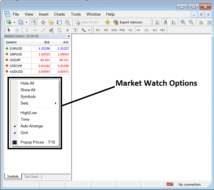 How to Show or Hide Trading Instruments on MT4 Market Watch Window - How to Use BTCUSD Crypto Trading MetaTrader 4 Platform Market Watch Window Tutorial