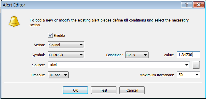 MT4 Window for Setting Trading Alerts on MT4 Terminal Window - BTCUSD MT4 Online Trading Platform