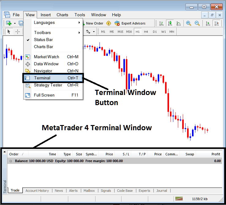 MT4 Terminal Window and Terminal Button View Menu - Bitcoin MT4 Online Software - Set Up MetaTrader 4 Platform Guide