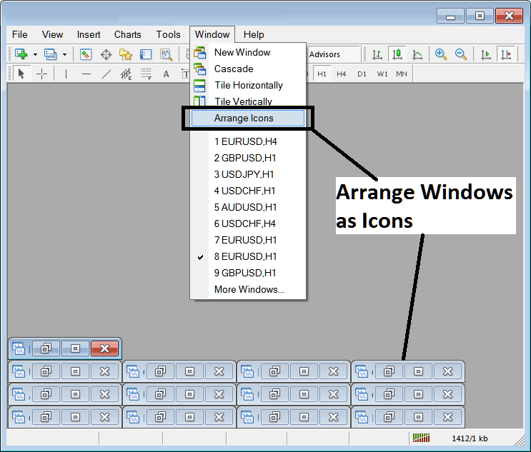 Arrange Cryptocurrency Charts as Icons in MetaTrader 4 - MetaTrader 4 Open BTC/USD Trading Charts List Window