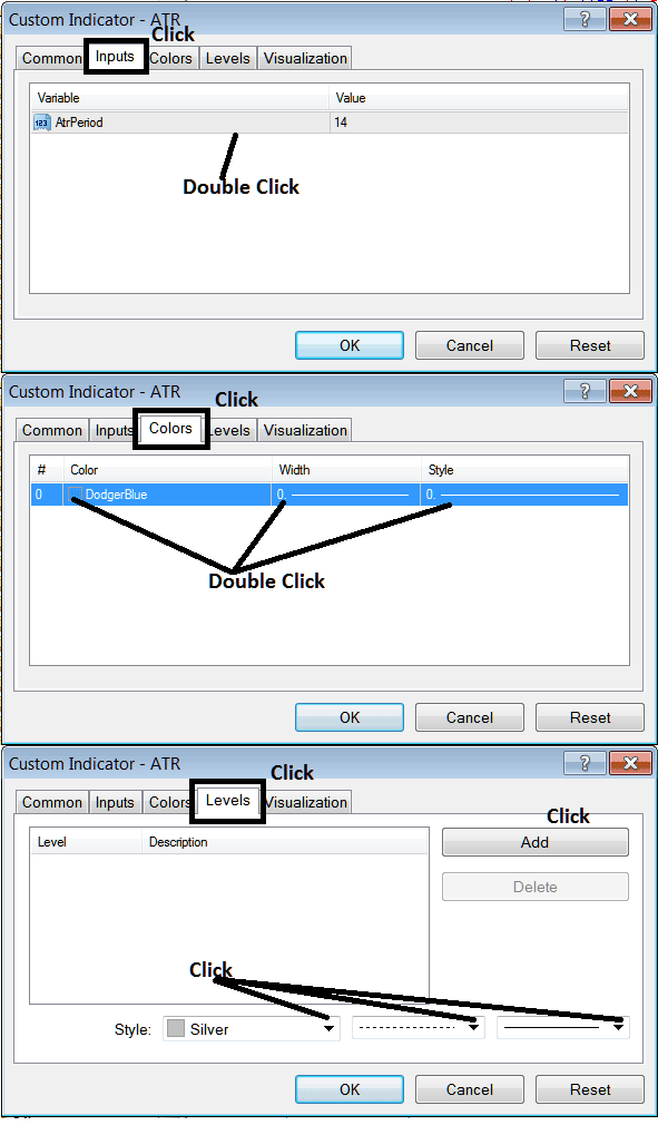 Edit Properties Window for Editing Average True Range Indicator Settings - ATR Bitcoin Indicator MT4 - MT4 ATR Crypto Technical Indicator Analysis