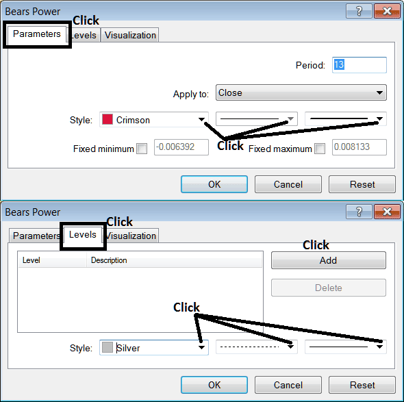 Edit Properties Window for Editing Bears Power Cryptocurrency Indicator Settings