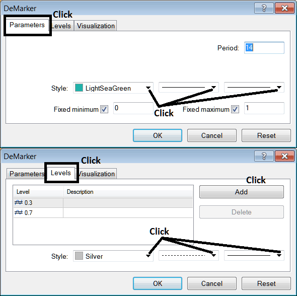 Edit Properties Window for Editing Demarker Cryptocurrency Indicator Settings - Crypto Demarker Indicator