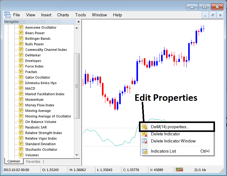 How Do I Edit Demarker Bitcoin Indicator Properties on MT4? - Place Demarker BTCUSD Crypto Technical Indicator on BTCUSD Crypto Chart on MetaTrader 4 - BTCUSD Crypto Demarker Indicator