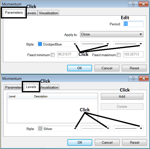 Edit Properties Window for Editing Momentum Cryptocurrency Indicator Settings - MT4 Momentum BTC USD Technical Indicator for BTC USD Trading