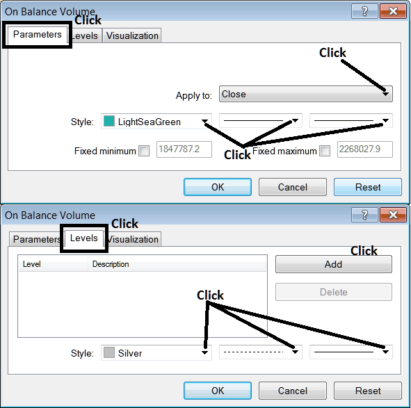 Edit Properties Window for Editing On Balance Volume Indicator Setting - How to Place On Balance Volume Bitcoin Indicator on Chart on MT4 - MT4 Crypto Volume Technical Indicator