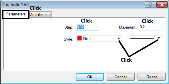 Edit Properties Window for Editing Parabolic SAR Cryptocurrency Indicator Setting - BTC/USD Parabolic SAR Technical Indicator