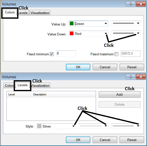 Edit Properties Window for Editing Volumes Indicator Settings - BTC/USD Volumes Technical Indicator